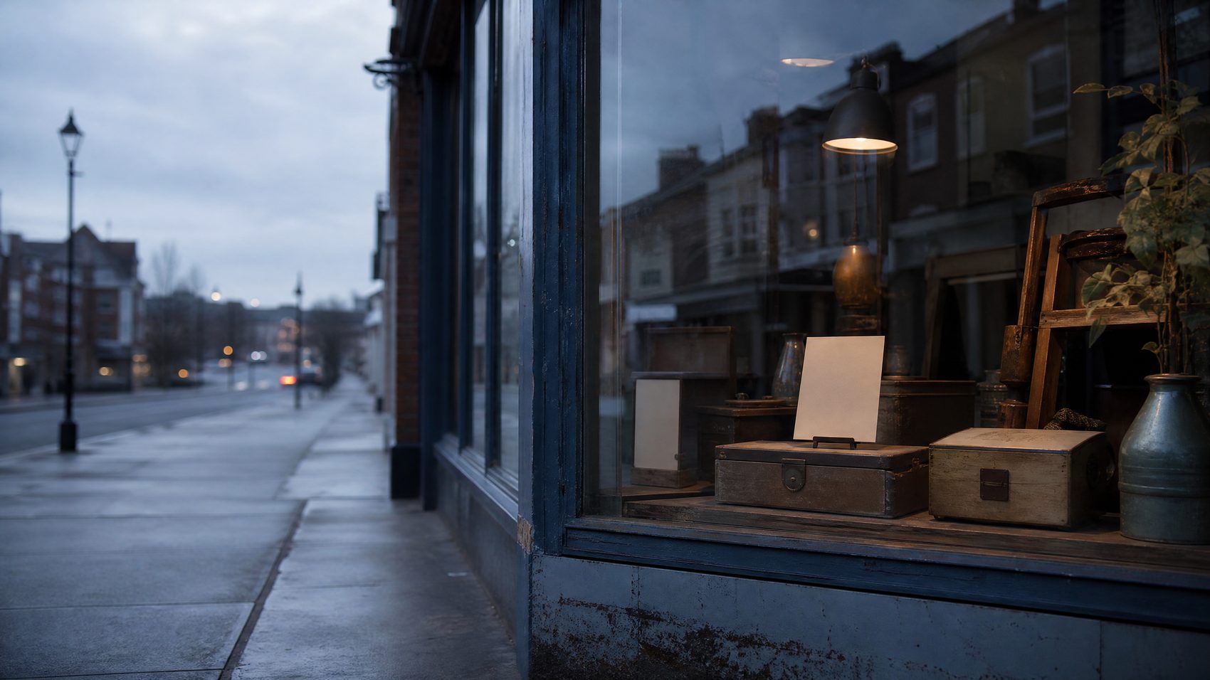 A small second-hand shop window at dusk with a few unlabelled boxes inside and reflections of a quiet road in the glass