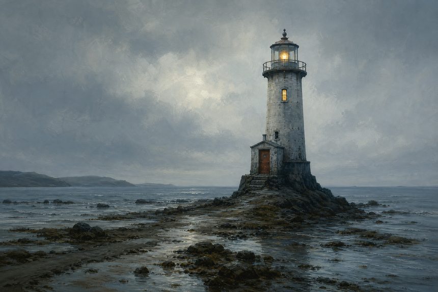 A narrow stone lighthouse on a rocky spit at low tide with one warm window lit