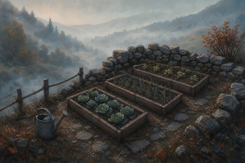 A terraced allotment with three raised beds and a watering can in morning mist