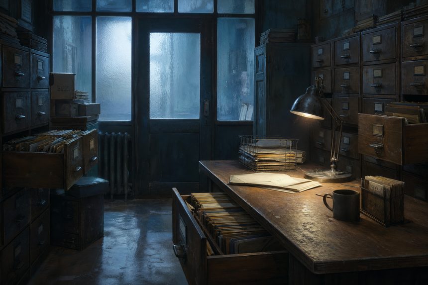A municipal records room with wooden filing drawers open and a single desk lamp