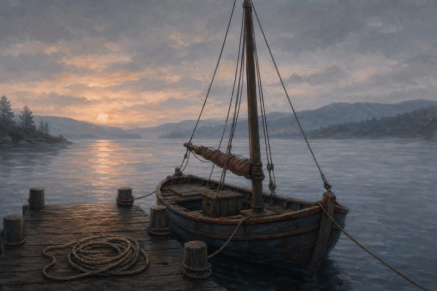A single-masted wooden boat moored at a jetty on a wide grey lake at dawn