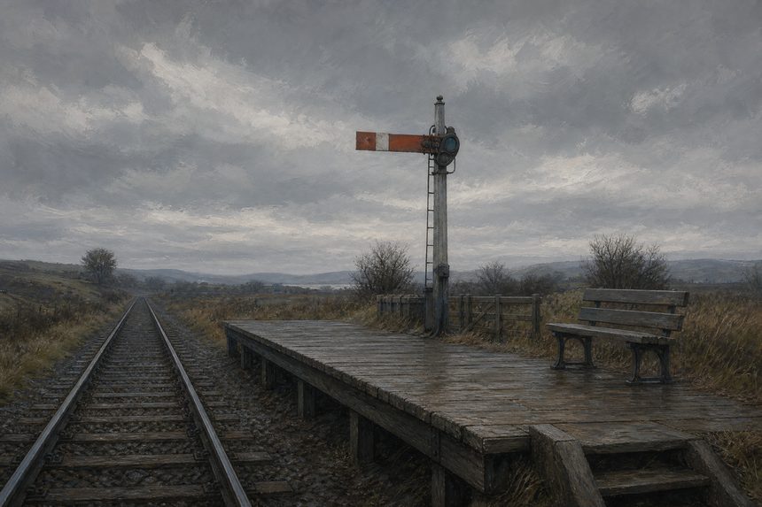 A rural railway halt with a wooden platform, a signal post and a bench under a wide grey sky