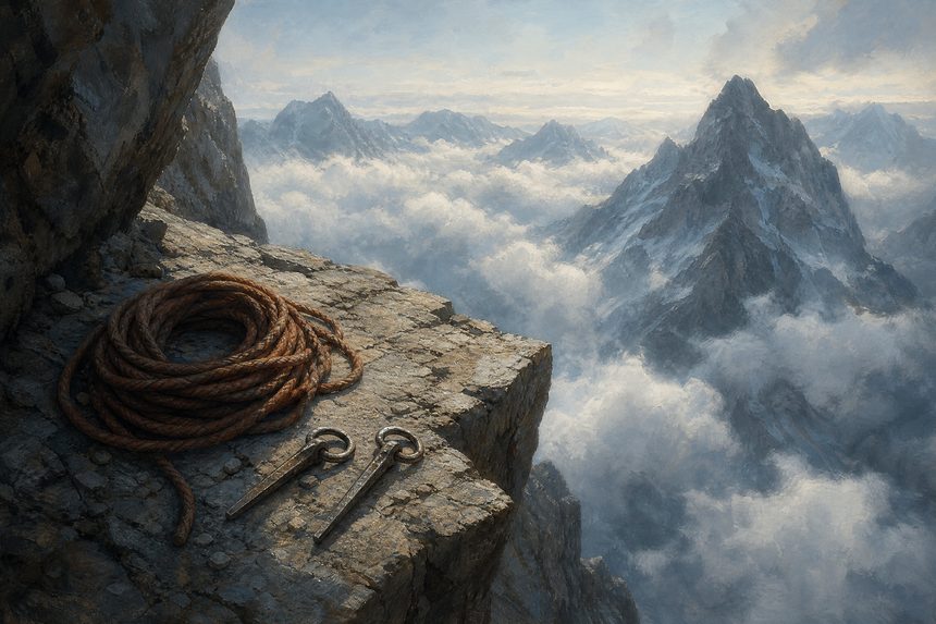 A narrow rock ledge with a coil of rope and two pitons above a valley filled with cloud