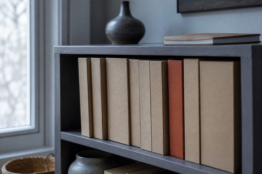 A modest shelf holding a row of plain unmarked game boxes with one rust-coloured spine among them, cool daylight from a window